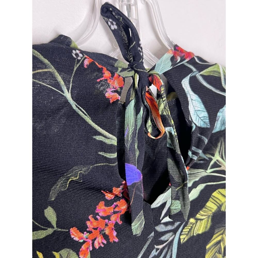 Fuzzi Mesh Blouse Sleeveless Black Floral Tropical Side Ruffle High Neck Sz S - Picture 4 of 7